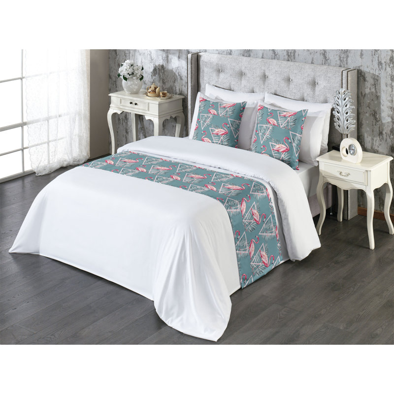 Ensemble de chemin de lit Ambesonne Hawaiian Triangles Leaves Flamingo Cadet - bleu et rose, Grand lit