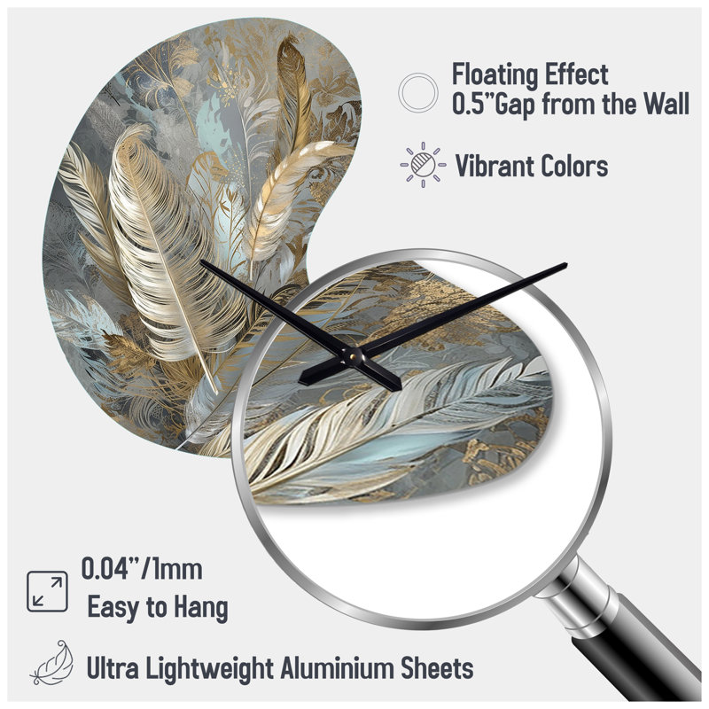 Gold Feather Extravaganza V - Boom Shape Unique Glam Feather Wall Clock, Small