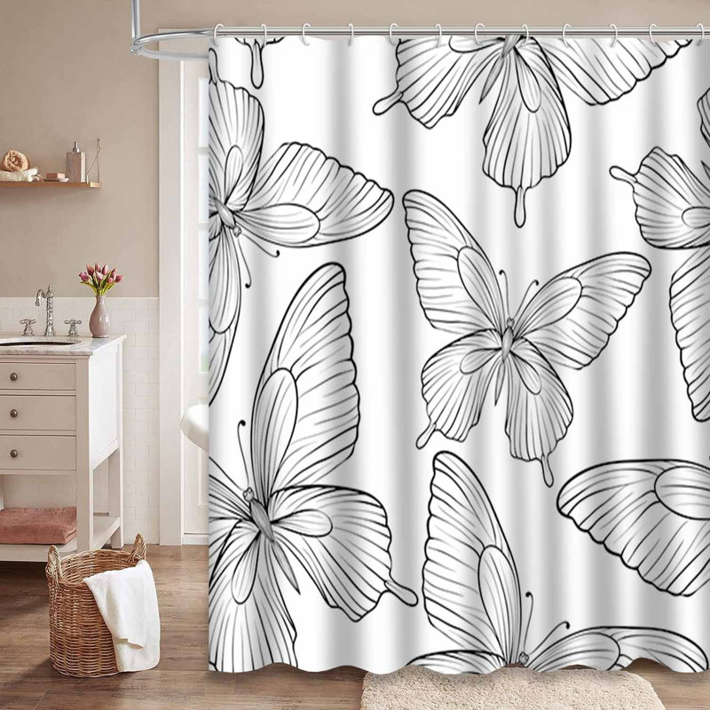 Magnifique rideau de douche blanc avec 12 crochets Butterflies, L 72 po x l 78 po