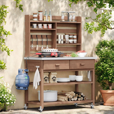 Outdoor Potting Bench Table With Lockable Wheels, Upper Hutch, Stainless Steel Top, Towel Rack, Storage Shelves, 2 Drawers And Hooks