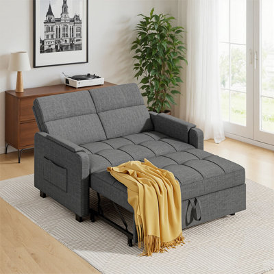 Modern 3-in-1 Pull-Out Sleeper Sofa, Convertible Upholstered Sofa Bed with Reclining Back and Side Pockets, Comfy Love Seat for Small Apartments