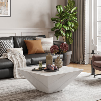 Modern Drum Coffee Table, Trapezoid Faux Marble Coffee Table, Fully-Assembled