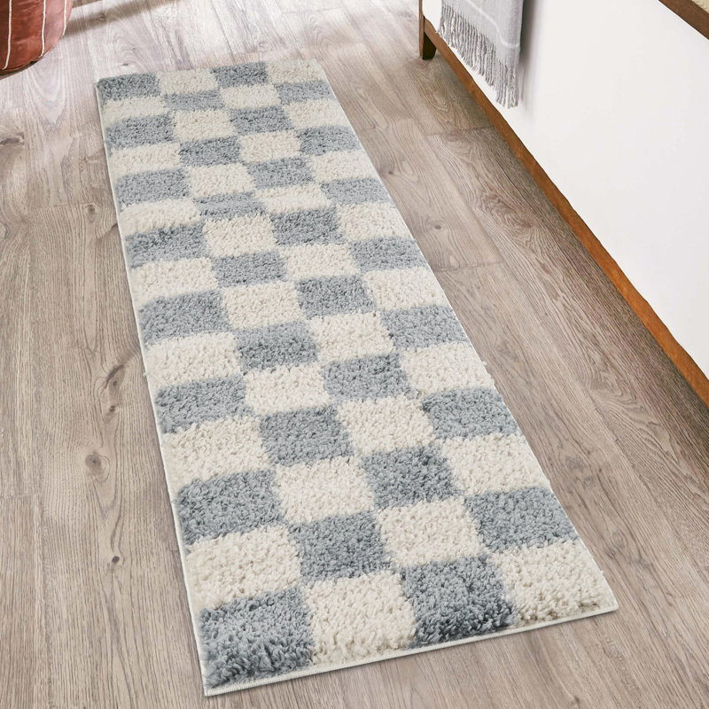 Chester Living Room Shaggy Area Rug Modern - Contemporary Checkered Design 30Mm Plush Pile Jute Backing Soft Woven Carpet -Hallway Indoor Rug, Duck Egg Blue