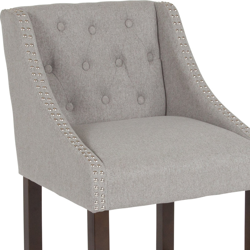 Light Gray Tufted Walnut Wood Counter Stools with Nail Trim, Set of 2
