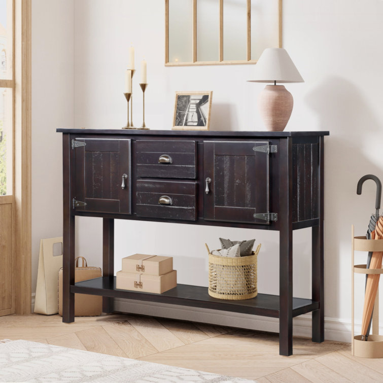 Solid Wood Sideboard Console Table With 2 Drawers And Cabinets And Bottom Shelf, Retro Style Storage Dining Buffet Server Cabinet For Living Room Kitchen Dining Room