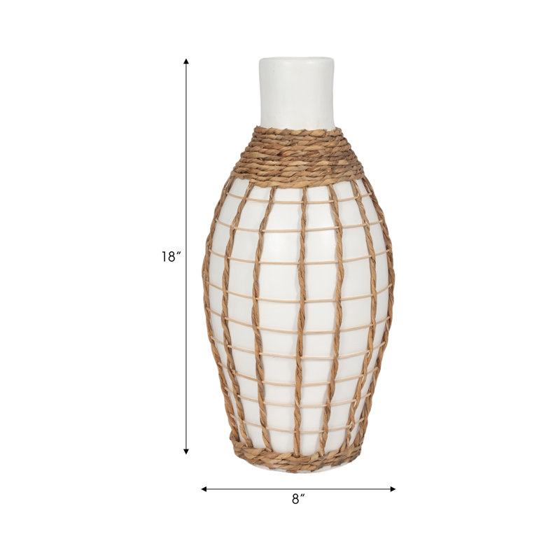 Vase Pottery and Terracotta Coastal Rope-Wrapped Detail 18-Inch White Decorative Accent for Home Office Bedroom Living Room Display.