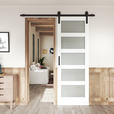 5 Lites Frosted Glass Sliding Barn Door White Primer Surface MDF+Solid Wood with Hardware Kit