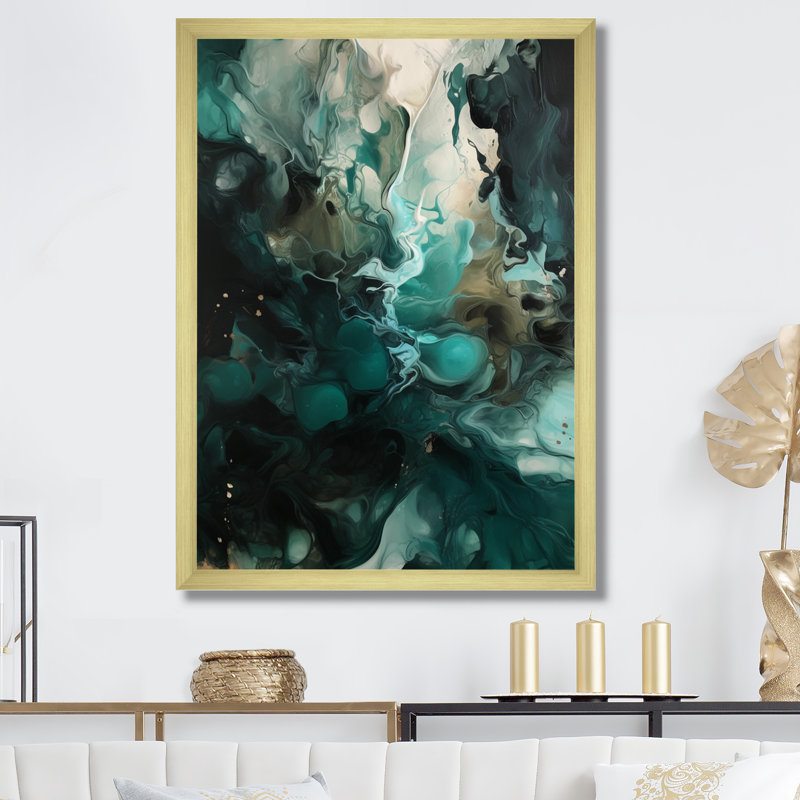 Art encadré sur toile vert et blanc marbré III, H 20 po x l 12 po x P 1 po, Encadrement doré