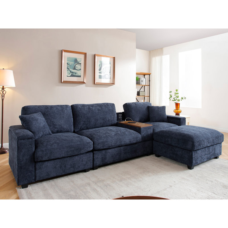 Canapé modulaire modulaire avec repose-pieds avec rangement, Lin bleu foncé