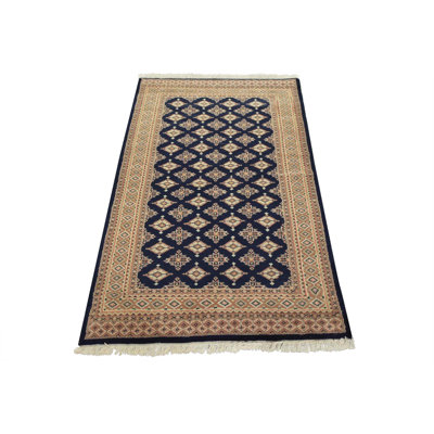 Tapis oriental noué à la main en laine bleu 4 pi 2 po x 6 pi Bokhara Jaldar