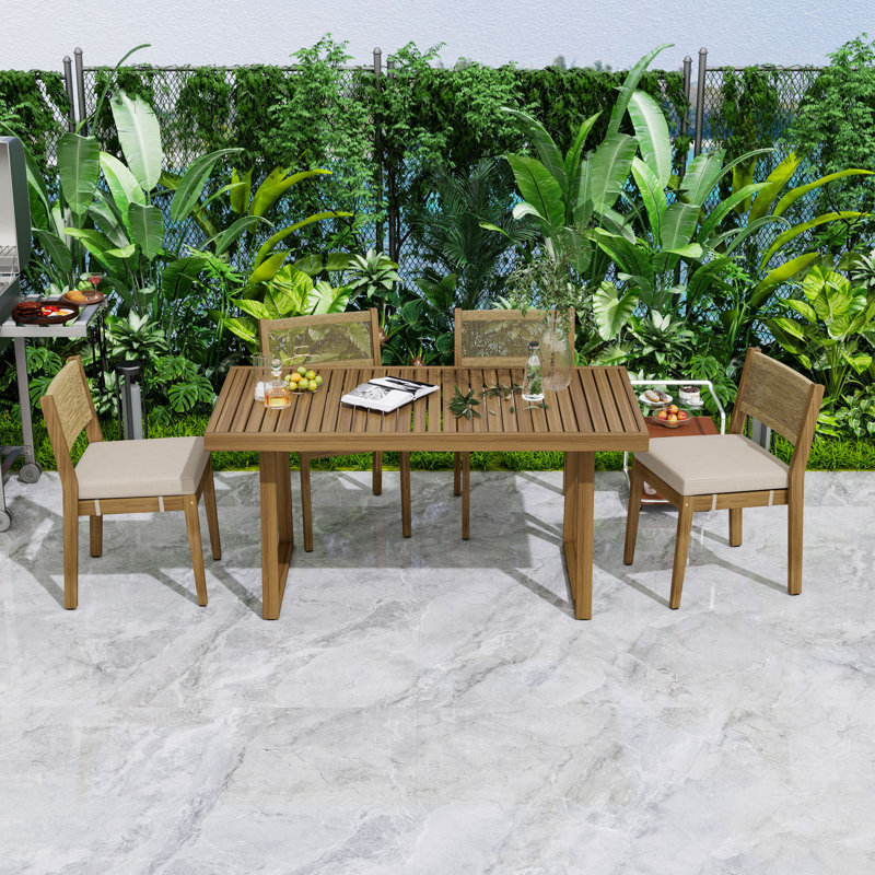 5-Piece Acacia Wood Outdoor Dining Set with Patio Table, 4 Chairs and Thick Cushions for Balcony, Beige