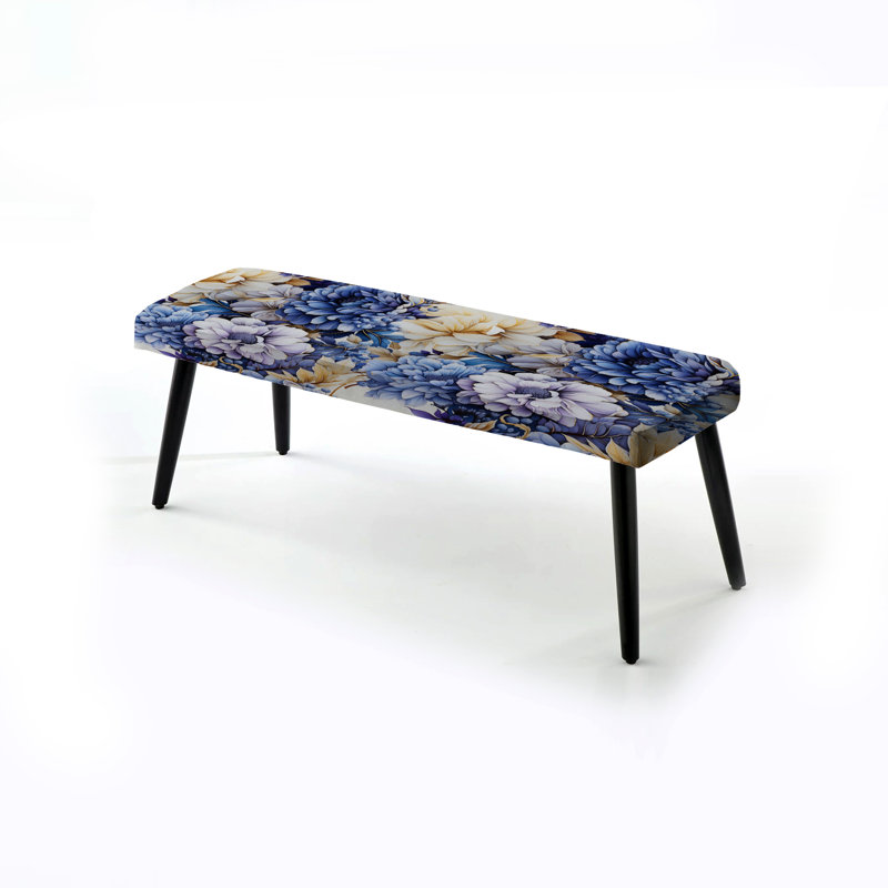 Watercolor Damask Wheel - Floral Upholstered Black Bench