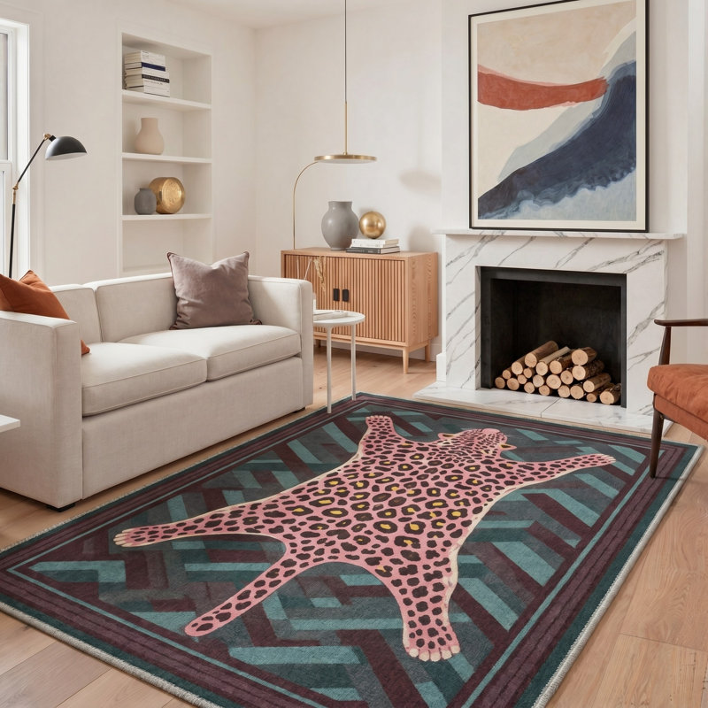 Tapis bleu sarcelle / rose à motif animal lavable à la machine avec envers antidérapant, Rectangle 6' x 9'