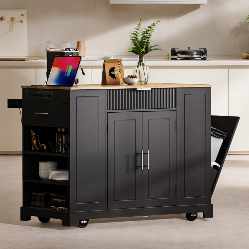 Rolling Wood Kitchen Cart Island, Black