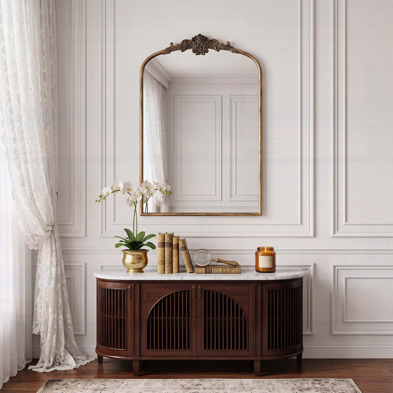 Miroir mural antique français arqué 24 po x 36 po, noir et doré pour chambre à coucher et vestibule élégants