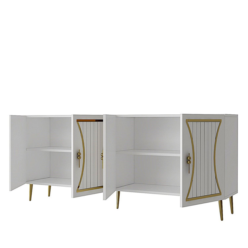 Modern White & Gold Console Table, 100% Melamine Coated Particle Board, Thickness: 0.7 inches | Wall-Mountable with Multiple Shelves | Glamorous Geometric Design for Home Décor