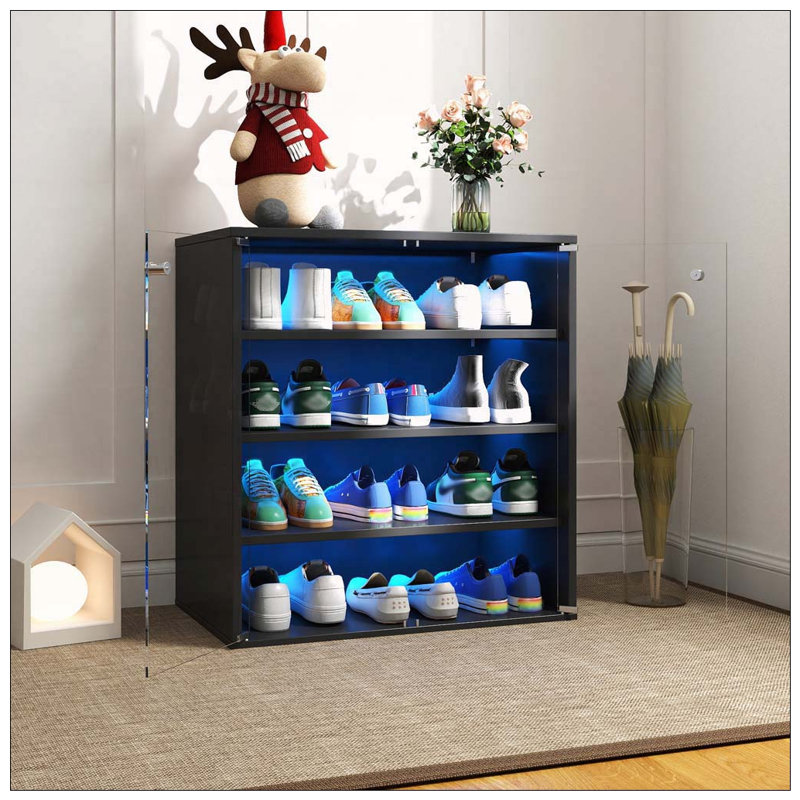 Boîte de rangement pour chaussures avec lumière DEL RVB et porte en verre, Noir