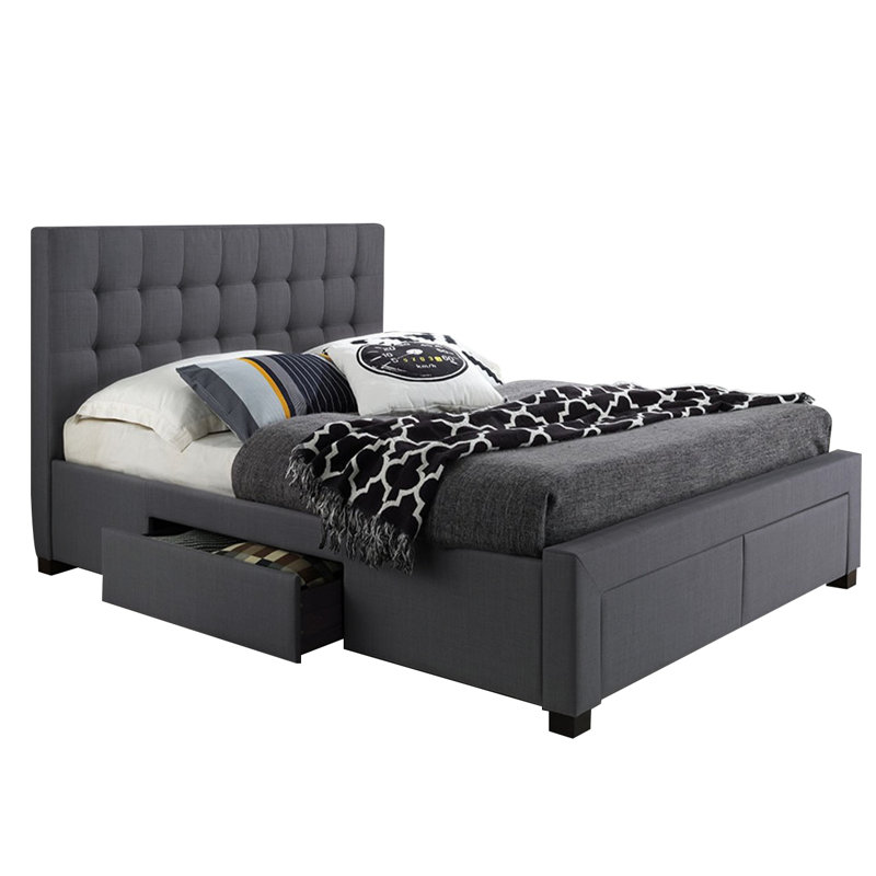 Lit plateforme avec rangement en lin à boutons profonds, contemporain, gris, double, Double, Gris anthracite