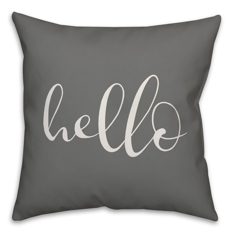Coussin décoratif intérieur / extérieur New Jersey Hello, H 16 po x l 16 po, Gris / blanc