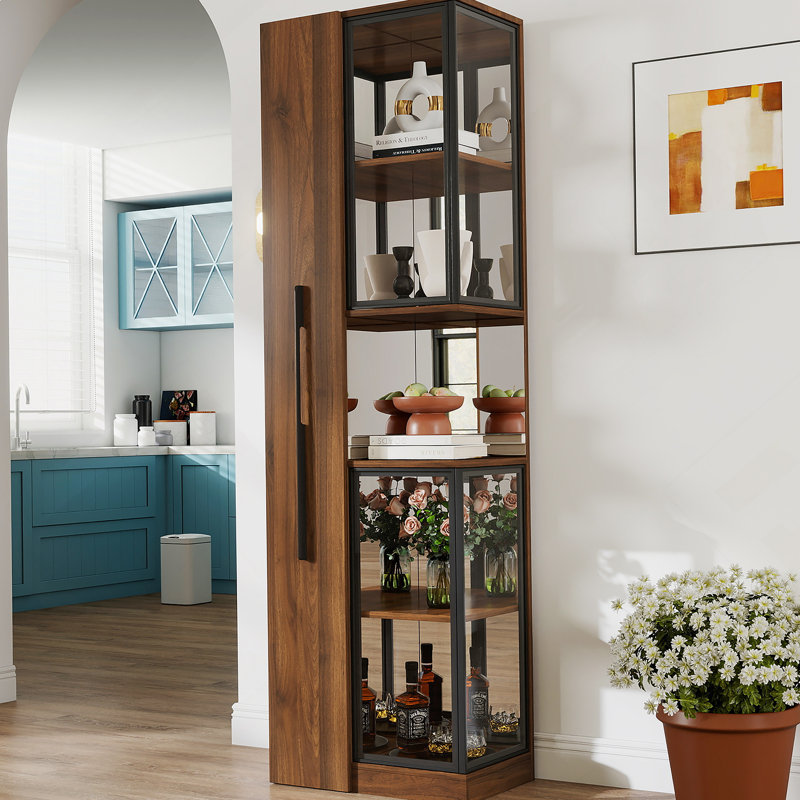 70" Display Cabinet With Glass Doors And Lights, With Multi-Functional Pull-Out Multi-Tier Storage Shelf , Wooden Display Storage Cabinets