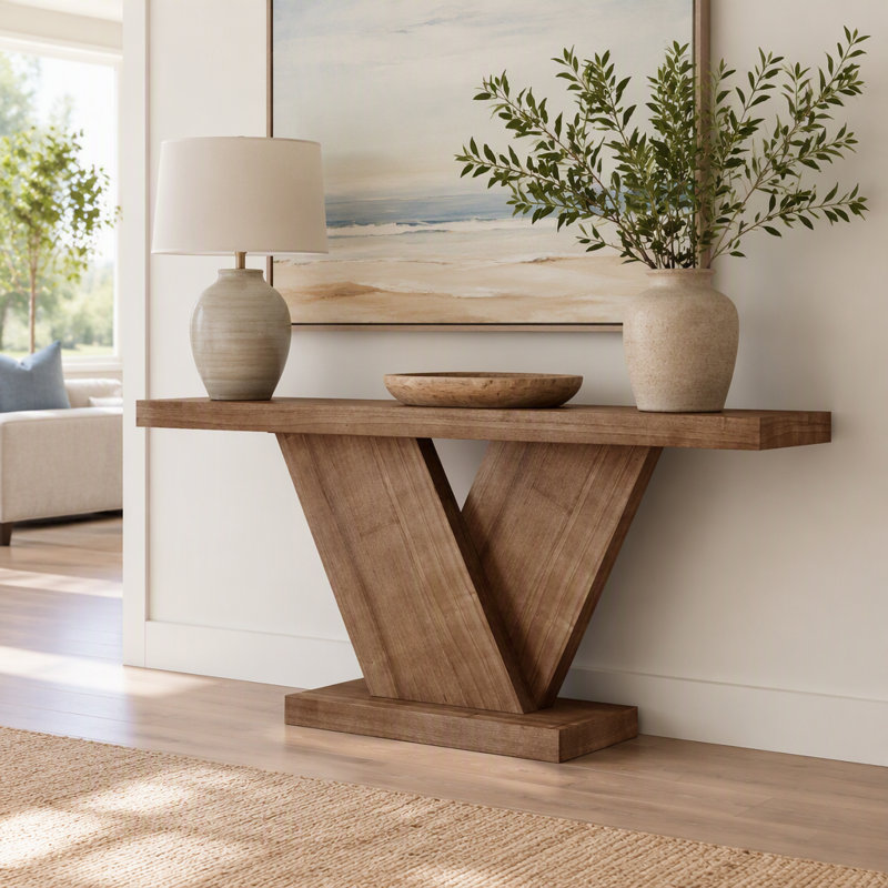 Console moderne à pieds en X avec placage en bois massif, table de couloir d'entrée robuste pour les petits espaces, table de chevet étroite Mid-Century avec design géométrique et plateau large