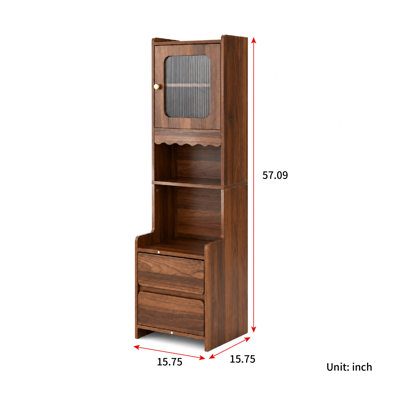 Grande table de chevet avec porte en verre, table de chevet moderne de style Mid-Century avec tablettes ouvertes et 2 tiroirs, table de chevet et bibliothèque en bois pour la chambre à coucher et le salon