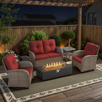Esquer 5-Pieces Outdoor Wicker Patio Loveseat Conversation Furniture Set With Rocking & Swivel Chairs And Rectangular Fire Pit Table