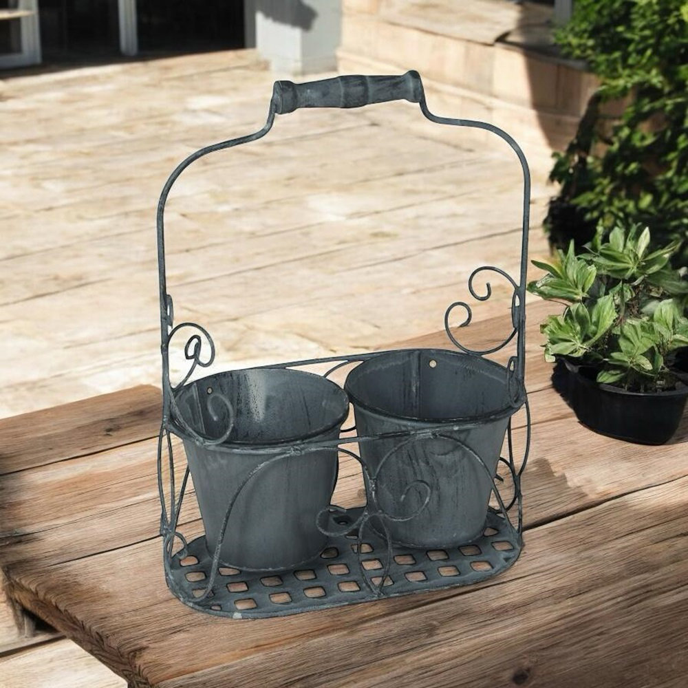 Metal Garden 2 Pot Planter - Hand-Finished Dual Plant Stand with Carry Handles for Patio, Balcony and Garden Décor
