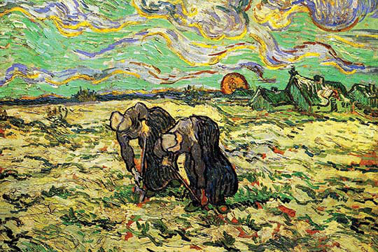 Deux paysans creusant dans un champ avec de la neige par Vincent Van Gogh - reproduction, H 44 po x l 66 po x P 1,5 po
