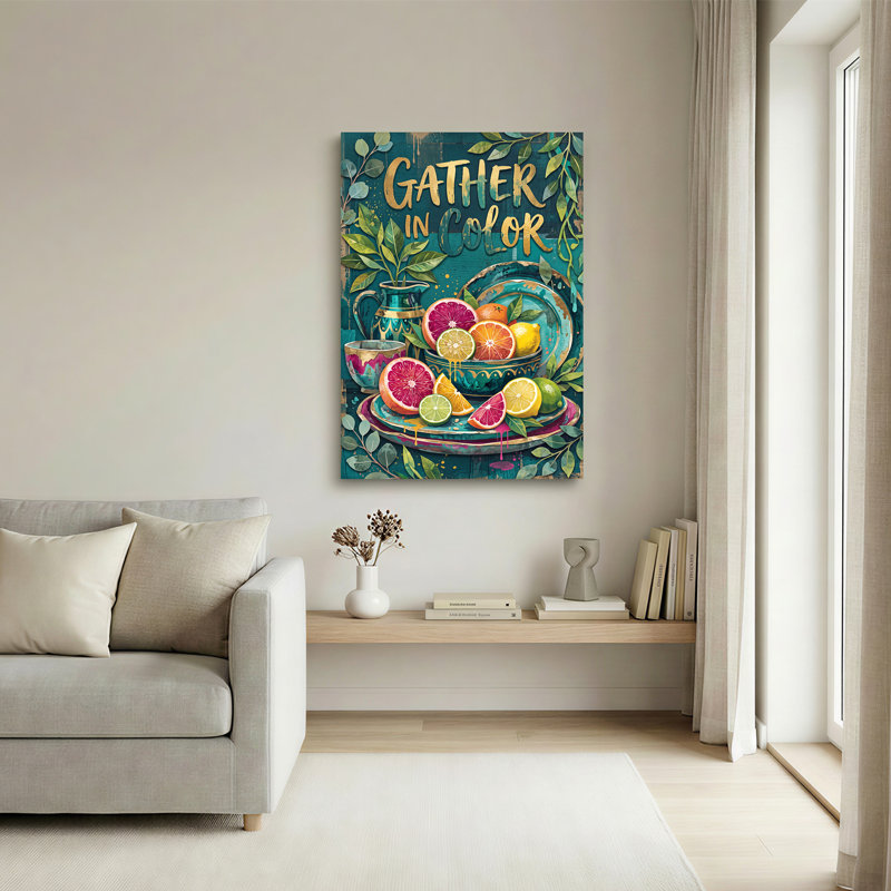 Art mural sur toile fond de tranches d'agrumes et de texte doré sur fond sarcelle, H 30 po x l 20 po