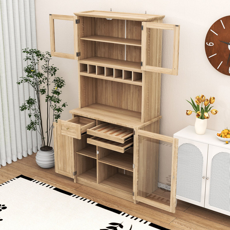 Grand garde-manger autoportant avec support à vin, tablettes réglables et portes en verre trempé, Naturel