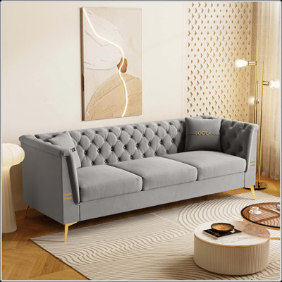 Modern Tufted Velvet Sofa with Faux Sherpa Upholstery and Gold Metal Legs, 82 Inch 3 Seater Living Room Couch with Removable Pillows and Supportive Cushions