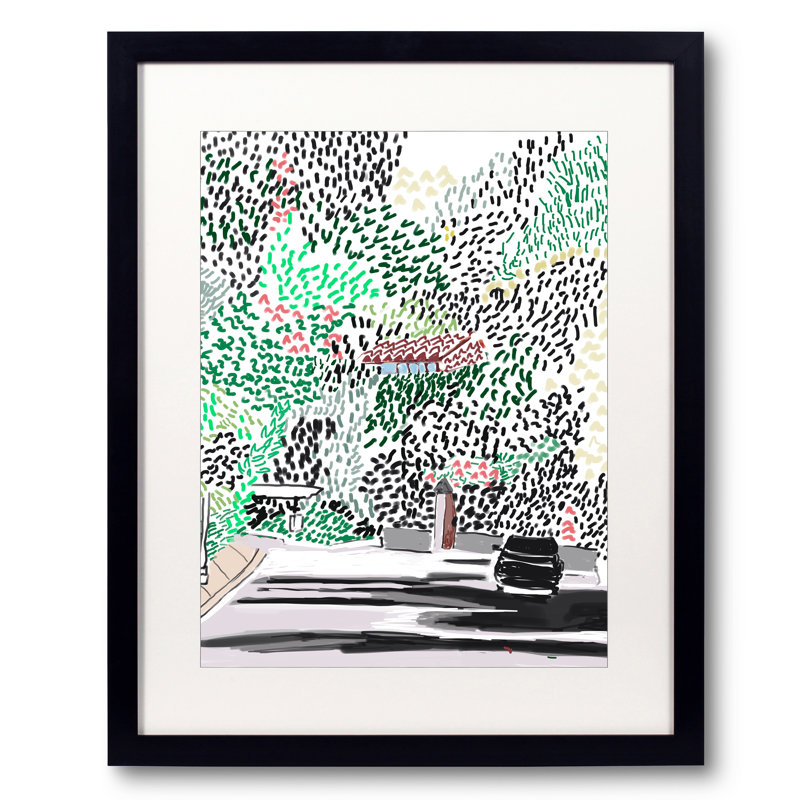 Toit rouge par Deborah Blum - Peinture, Papier avec cadre noir, 20" H x 16" W