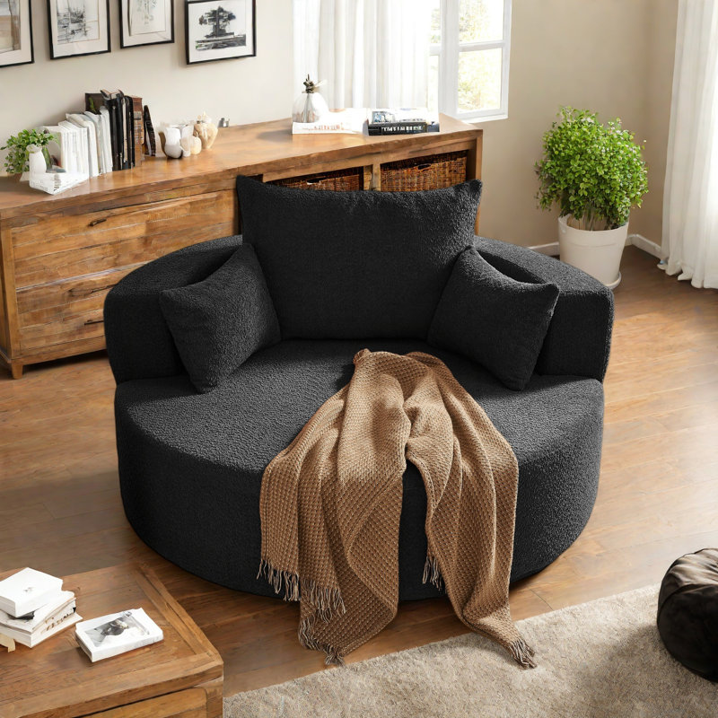 Oversized Swivel Accent Chair, Black, 26.9"H x 55.1"W x 55.1"D
