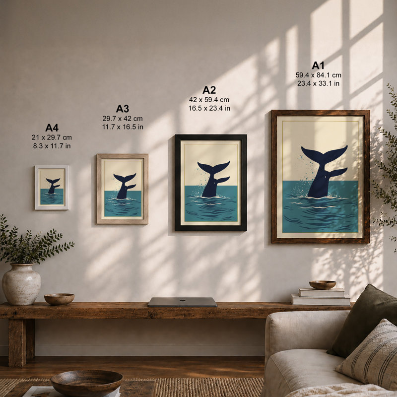Whale Tail Rising Minimalist - Framed Print, A3 - 42.0 x 29.7 cm, Black