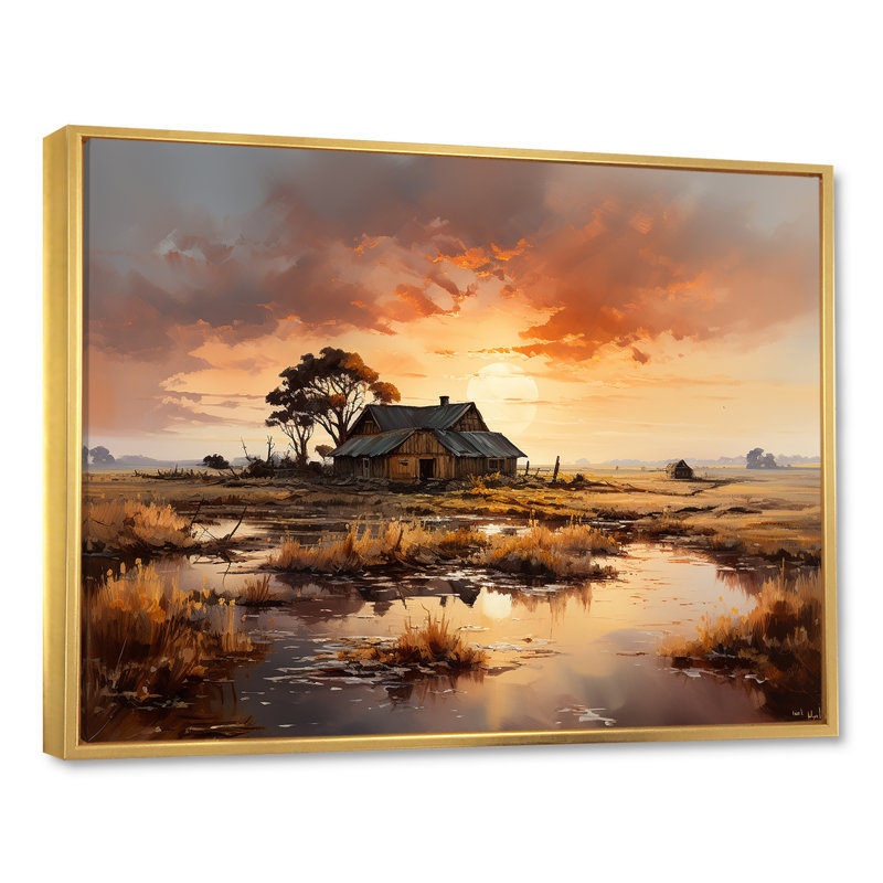 Sunrise Countryside Farm Unveile - impression, Cadre flottant doré, H 24 po x l 32 po x P 1 po