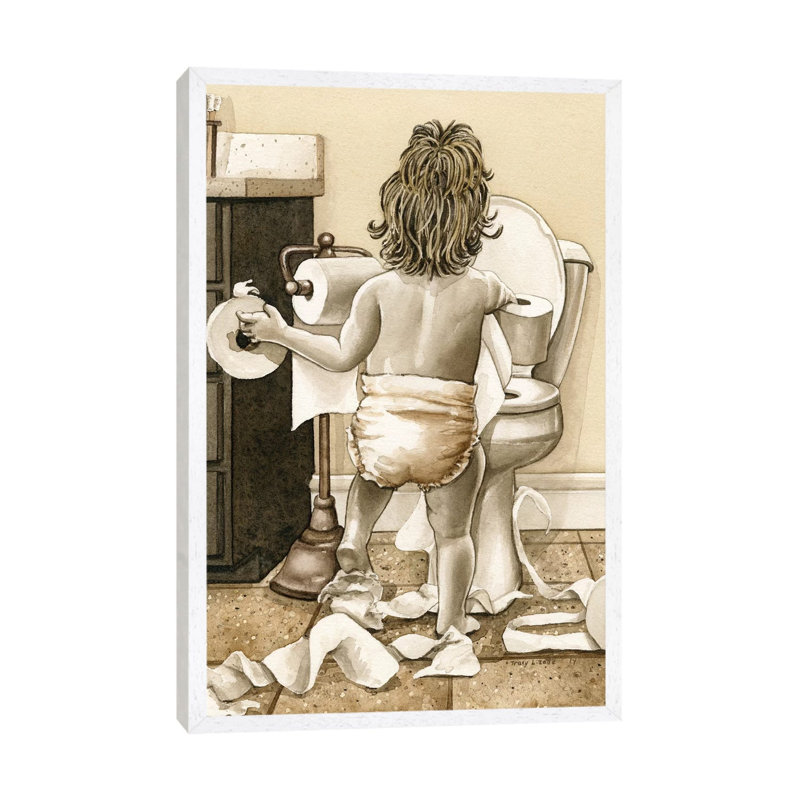 Toddler With Toliet Paper by Tracy Lizotte - Painting on Canvas, White Framed, 66.04 cm H x 45.72 cm W