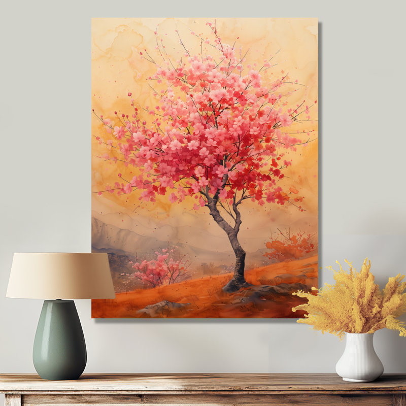 Cerisier en fleurs rouge orangé - Art mural de salon cerisier en fleurs, H 32 po x l 24 po x P 1 po, Toile tendue