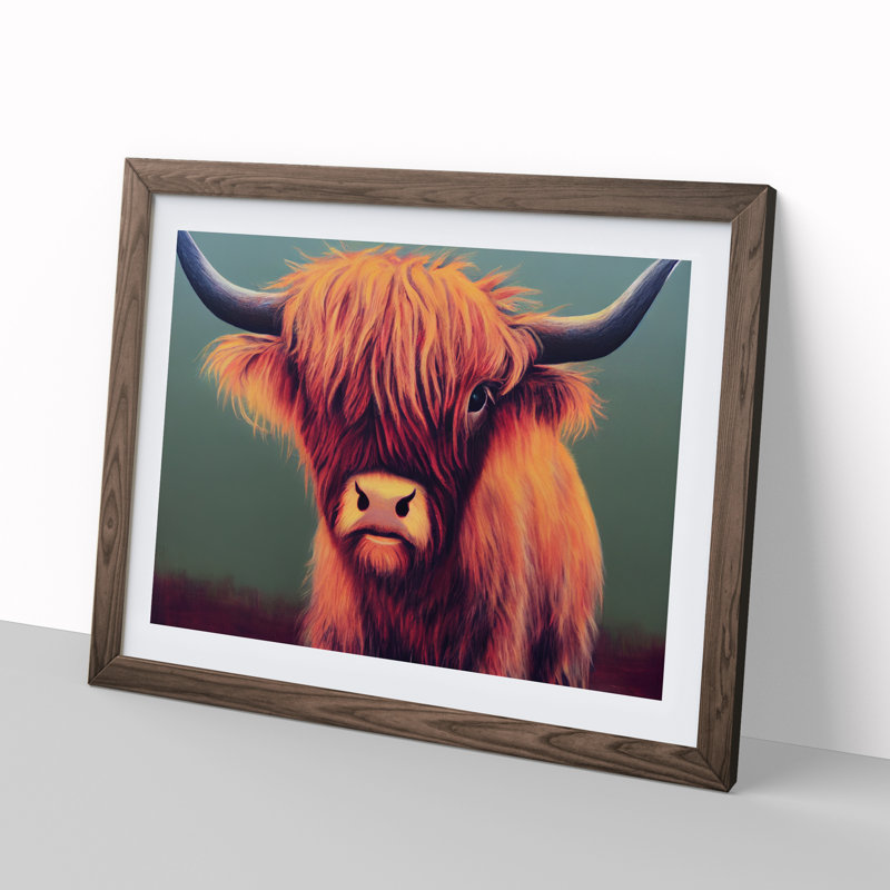 Portrait Of A Highland Cow - Single Picture Frame Print, 25cm H x 34cm W x 2cm D, Walnut