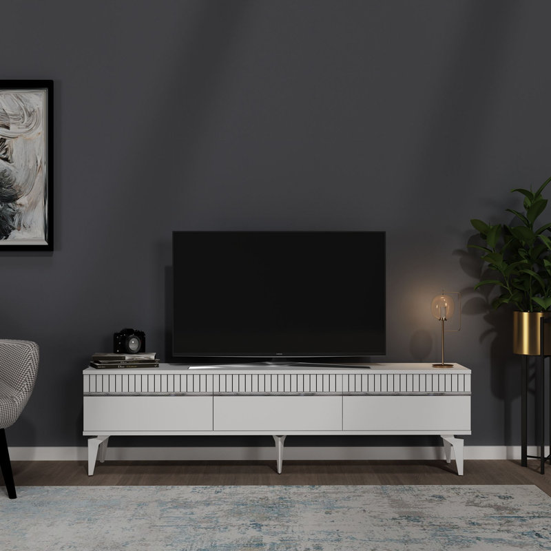 Meuble télé Catena moderne avec option de fixation murale, blanc et argent, 70,9 po x 17,6 po x 11,6 po | 100% panneau de particules enduit de mélamine, plusieurs tablettes, design géométrique élégant | Parfait pour le salon et les espaces de divertissement