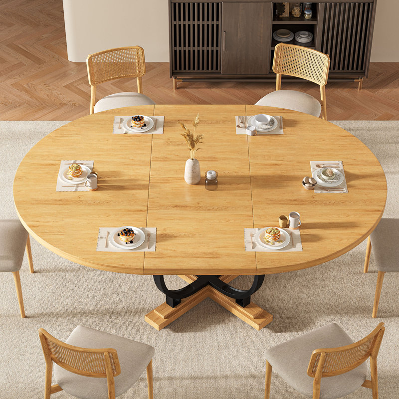  59”extendable Round Dining Table For 4-8 ,dining Room Table With X-shaped Heavy Duty Metal Base,thickened Mdf Board,modern Kitchen Dining Table,space Saving,oak
