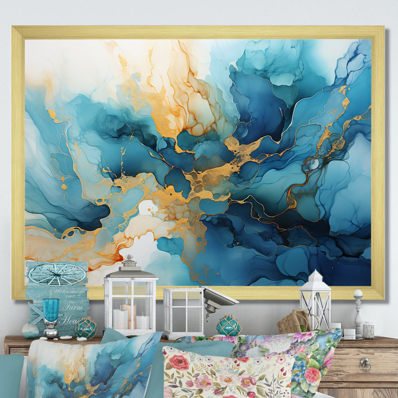«Blue River», art mural bleu, Cadre doré simple, H 30 po x l 40 po x P 1,5 po