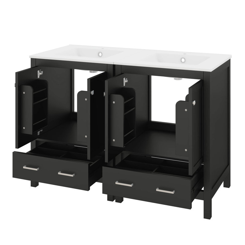 Meuble-lavabo 48 po avec lavabo, meuble-lavabo simple moderne avec portes et tiroir à fermeture en douceur, armoire de rangement avec lavabo encastré en céramique