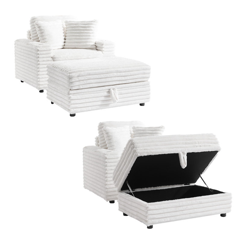Modern Faux Fur Chaise Lounge Chair With Movable Storage Ottoman And Cup Holder(Set Of 2), Beige