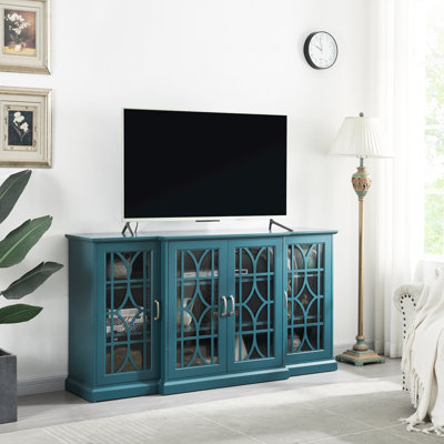Meuble télé bleu Teal avec buffet - grand rangement, 4 portes, 6 tablettes réglables, construction, armoire de rangement de style moderne de 63 po avec rangement, trou de gestion des câbles, pratique