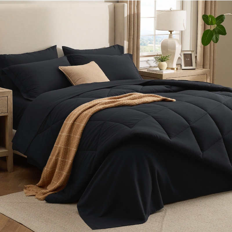 New Arrivals Bedsure Quilted Comforter Sets, Luxury Soft Bed in a Bag, Black, King Comforter + 6 Additional Pieces