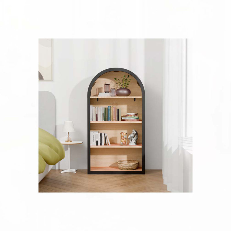 Bibliothèque arquée noire à 4 niveaux avec bibliothèque de 43 po de hauteur et tablettes de rangement, Noir/naturel
