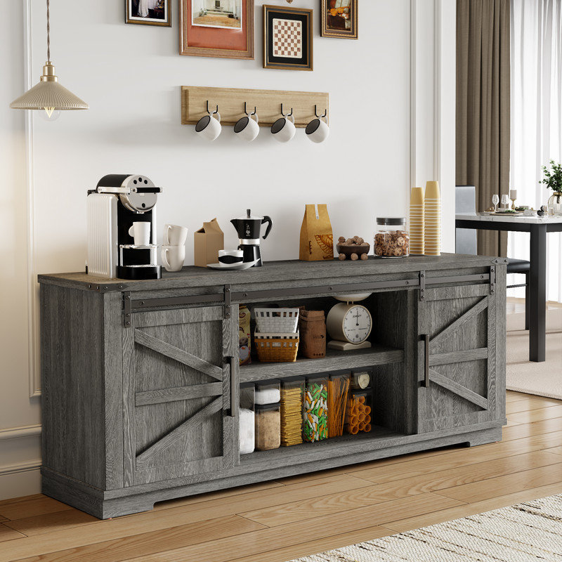 Farmhouse TV Stand for TVs up to 75", 66" Wood Entertainment Center with Barn Doors and Storage