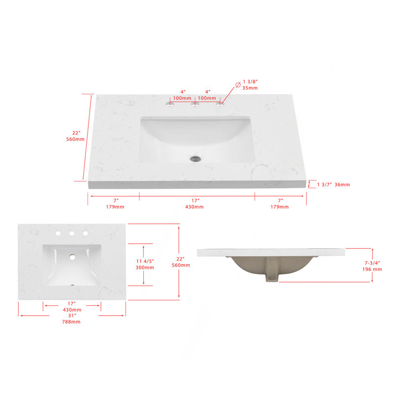 Comptoir de meuble-lavabo en pierre reconstituée 31 po avec lavabo encastré en quartz