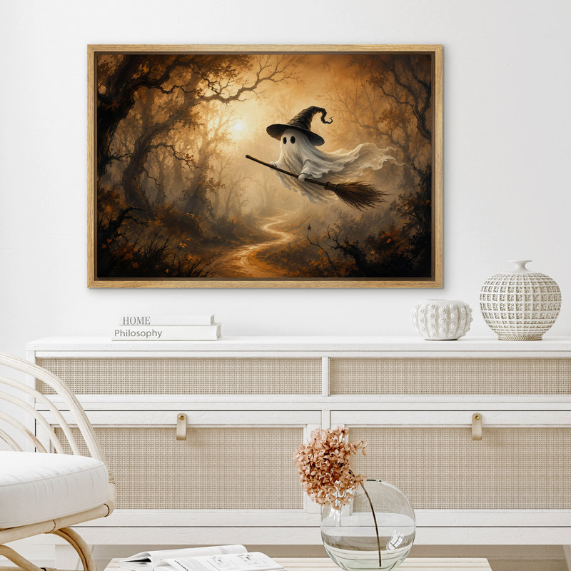 «Halloween Ghost Witch Hat Flying Forest Fantasy», art mural, impression sur toile, H 16 po x l 24 po, Naturel